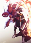  1boy arlo_(pokemon) aura black_hair black_jacket black_pants clenched_hand fire gen_2_pokemon gloves highres holding holding_poke_ball hood hood_down inumaru_akagi jacket multicolored_hair pants poke_ball pokemon pokemon_(creature) pokemon_(game) pokemon_go ponytail red_eyes red_hair red_sclera scizor simple_background standing team_rocket twitter_username two-tone_hair white_background white_footwear white_gloves 