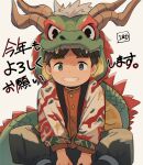  1boy 2024 acnhiti animal_costume blush child commentary_request dragon dragon_costume dragon_horns eastern_dragon green_eyes highres horns japanese_clothes kimono looking_at_viewer male_focus original simple_background solo teeth translation_request white_background 