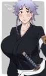  1girl black_kimono bleach blush border breasts earrings grey_background grey_hair highres huge_breasts japanese_clothes jewelry katana kimono kotetsu_isane large_breasts looking_at_viewer nohohon_pictures sash simple_background solo sword upper_body weapon white_border white_sash 