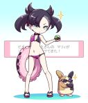  1girl asymmetrical_bangs bikini dusk_ball holding holding_poke_ball marnie_(pokemon) morpeko morpeko_(full) navel nollety pigeon-toed poke_ball pokemon pokemon_(creature) standing sunglasses swimsuit 