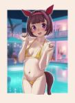  animal_ears bikini blurry blurry_background blush breasts clenched_hands collarbone commentary_request embarrassed headband horse_ears horse_girl horse_tail looking_at_viewer medium_hair micro_bikini navel nishino_flower_(umamusume) no_image_xxx open_mouth pool purple_eyes small_breasts swimsuit tail umamusume 