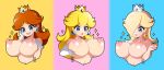  3girls :d absurdres blonde_hair blue_eyes breast_focus breasts brown_hair crown earrings gloves hair_over_one_eye heart heart-shaped_pupils highres huge_breasts jewelry large_breasts lips mario_(series) multiple_girls navel nipples open_mouth perky_breasts pink_background princess_daisy princess_peach puffy_nipples rosalina smile symbol-shaped_pupils totallyiryanic upper_body watermark white_gloves yellow_background 