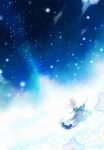  1girl arms_up ars_almal back_bow blue_bow bow dress field flower flower_field hair_ornament looking_up moca_soon night night_sky nijisanji open_mouth short_hair sky solo star_(sky) star_(symbol) starry_sky virtual_youtuber white_dress white_hair 