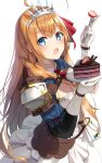  1girl ahoge armor bangs blue_eyes blush braid breasts brown_hair cake cake_slice cleavage commentary_request eating eyebrows_visible_through_hair food fork fruit gloves hair_between_eyes hair_ribbon highres holding holding_food holding_fork large_breasts long_hair looking_at_viewer open_mouth orange_hair pecorine plate princess_connect! princess_connect!_re:dive red_ribbon ribbon shoulder_armor simple_background solo strawberry superpig tiara very_long_hair white_background white_gloves 
