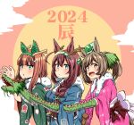  2024 3girls alternate_costume alternate_hairstyle animal_ears blue_eyes blush breasts brown_eyes brown_hair cloud commentary_request dragon hair_between_eyes hair_ornament headband highres horse_ears horse_girl japanese_clothes kimono long_hair looking_at_viewer medium_breasts medium_hair mihono_bourbon_(umamusume) multiple_girls nigekiri_sisters_(umamusume) orange_hair shino_(ponjiyuusu) silence_suzuka_(umamusume) smart_falcon_(umamusume) sunrise umamusume 