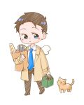  1boy angel bag black_hair blue_eyes blue_necktie blush castiel chibi coat english_commentary feathered_wings full_body highres holding holding_bag kamicom male_focus necktie orange_cat short_hair simple_background solo supernatural_(tv_series) trench_coat white_background wings 