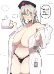  1girl areola_slip belly blush breasts coffee coffee_mug cross cup english_text grey_hair hat highres id_card imperishable_night large_breasts long_hair mole mole_on_collarbone mole_on_stomach mole_under_eye mug navel notnoe_(dxcl) nurse_cap open_clothes open_mouth open_shirt red_cross shirt solo steam stomach thong touhou very_long_hair white_shirt yagokoro_eirin yellow_eyes 