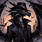 ai_generated anthro black_clothing black_coat black_topwear chain clothing coat dragon hat head_spikes headgear headwear jewelry layered_clothing looking_away male necklace orange_eyes solo spikes spikes_(anatomy) standing topwear tyrique_(zatou_syrene) wings