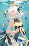  1girl bangs bare_shoulders breasts eyebrows hair_ornament highres lirseven liv_(punishing:_gray_raven) parted_lips punishing:_gray_raven purple_eyes short_hair swimsuit tropical_fish underwater white_hair 