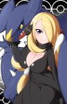  1girl black_pants blonde_hair breasts cleavage cowboy_shot garchomp gen_4_pokemon grey_eyes hair_ornament hair_over_one_eye highres large_breasts long_hair long_sleeves looking_at_breasts looking_at_viewer pants pokemon pokemon_(creature) pokemon_(game) pokemon_dppt shirona_(pokemon) smile totallyiryanic very_long_hair 