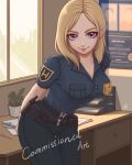  1girl arms_behind_back belt_pouch bent_over blonde_hair breasts butter_spoon commentary commission desk english_commentary hair_behind_ear highres medium_breasts medium_hair original paper pencil plant pointy_ears police police_uniform policewoman poster_(object) pouch purple_eyes signature smile solo thigh_gap uniform watermark window 