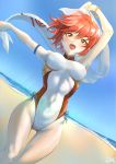  1girl :d absurdres arm_strap arm_up armpits ass_visible_through_thighs bangs beach blue_ribbon blue_sky bracelet breasts brown_eyes casual_one-piece_swimsuit covered_nipples day deekei dutch_angle eyebrows_visible_through_hair fire_emblem fire_emblem_fates hair_between_eyes highleg highleg_swimsuit highres hinoka_(fire_emblem) jewelry looking_at_viewer medium_breasts one-piece_swimsuit open_mouth outdoors outstretched_arm red_hair ribbon shiny shiny_hair short_hair sky smile solo standing swimsuit thigh_gap white_swimsuit 