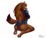  absurd_res anthro armor big_breasts big_butt blue_eyes breasts brown_body brown_fur brown_hair butt canid canine canis clothed clothing female fishnet fishnet_legwear fur hair hakuhyogaki hi_res legwear looking_at_viewer looking_back mammal multicolored_hair multicolored_tail scar simple_background smile solo spiked_armor spikes white_background wolf 