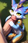anthro big_penis blush cat_tail duo felid feline female female_on_human genitals holding_penis human human_on_anthro interspecies league_of_legends male male/female male_on_anthro mammal penis riot_games size_difference tailzai yuumi_(lol)