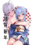  2girls absurdres ahoge bare_shoulders blue_eyes blue_hair blush breasts cleavage commentary_request grey_hair happy_new_year highres indie_virtual_youtuber japanese_clothes kanzarin kanzarin_(vtuber) kimono long_hair looking_at_viewer multiple_girls obi off_shoulder original pink_eyes pointy_ears sash shinomiya_kanna short_hair small_breasts smile twintails virtual_youtuber wide_sleeves yukata 