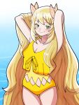  1girl arms_up blonde_hair blush breasts butterfly_hair_ornament celine_(fire_emblem) cleavage closed_mouth cowboy_shot fire_emblem fire_emblem_engage green_eyes hair_ornament hands_in_hair highres long_hair looking_at_viewer mnejing30 one-piece_swimsuit small_breasts smile solo swimsuit very_long_hair water yellow_one-piece_swimsuit 