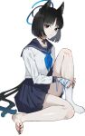  1girl animal_ears asakawa_(outeq) barefoot black_eyes black_hair black_sailor_collar black_skirt blue_archive blue_halo blue_neckerchief cat_ears cat_tail closed_mouth commentary feet halo kikyou_(blue_archive) knee_up legs long_sleeves nail_polish neckerchief no_shoes pleated_skirt sailor_collar school_uniform serafuku short_hair simple_background single_sock skirt socks soles solo tail toe_scrunch toenail_polish toenails toes white_background white_socks 