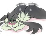 anthro biped black_body breasts eyelashes female fur generation_9_pokemon green_body green_fur hi_res lying meowscarada nintendo on_front open_mouth pokemon pokemon_(species) saltyxodium simple_background solo white_background