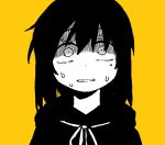  1girl bbyong403 copyright_request dot_nose hood hood_down hoodie jaggy_lines limited_palette medium_hair monochrome nervous_sweating open_mouth partially_colored portrait scared shaded_face simple_background sketch solo sweat yellow_background 