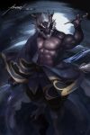  1boy art_avarel bara bare_pectorals black_skin black_theme chinese_zodiac colored_skin dragon_boy full_body furry furry_male hadanugi_dousa highres holding holding_smoking_pipe large_pectorals long_mustache looking_at_viewer male_focus mature_male muscular muscular_male no_nipples original pectorals smoking_pipe solo standing strongman_waist thick_eyebrows white_hair year_of_the_dragon 