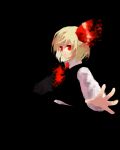  1girl ascot black_background black_vest blonde_hair closed_mouth collared_shirt commentary_request kaigen_1025 long_sleeves red_ascot red_eyes red_ribbon ribbon rumia shirt short_hair simple_background solo touhou upper_body vest white_shirt 