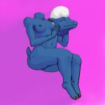 abstract_background anthro black_nipples blue_body blue_skin bovid breasts caprine detachable detachable_head eyes_closed female hair headless holding_head hooves mammal nipples nude sheep sitting smile solo tail tetramelly white_hair