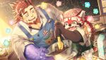  2boys apron bags_under_eyes baking bara blue_apron boogeyman_(housamo) colored_skin facial_hair fai_(fai-storage) fangs fangs_out furry furry_male long_sideburns mature_male multicolored_eyes multicolored_fur multiple_boys muscular muscular_male mustache_stubble official_art purple_skin rainbow_eyes red_fur red_panda_boy scar scar_on_face sideburns sideburns_stubble teacher_and_student tokyo_afterschool_summoners white_fur zhurong_(housamo) 