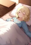  1girl absurdres bed bedroom blanket blonde_hair blue_shirt closed_eyes hair_between_eyes head_on_pillow highres idolmaster idolmaster_cinderella_girls idolmaster_cinderella_girls_u149 long_sleeves lying mrhunking nightstand on_back pillow sakurai_momoka shirt short_hair signature sleeping solo under_covers 