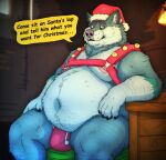 anthro bell belly blue_body blue_fur body_hair bulge canid canine canis christmas christmas_clothing christmas_headwear claws clothed clothing costume dialogue english_text fur hair harness hat headgear headwear hi_res holidays jockstrap lukoi male mammal musclegut muscular muscular_male nipples obese obese_anthro obese_male overweight overweight_anthro overweight_male red_clothing red_harness red_jockstrap red_underwear requesting santa_costume santa_hat solo text topless topless_male underwear wolf yukon