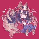  1girl :3 :d animal_ear_fluff animal_ears bangs bell black_hair blue_pants blush brown_eyes character_name double_fox_shadow_puppet fox_ears fox_girl fox_shadow_puppet fox_tail ginsetsu_great_fox hair_between_eyes hakama_pants heart japanese_clothes jingle_bell karunabaru kimono kyuubi long_hair multiple_tails open_mouth outline pants red_background red_footwear red_kimono shadowverse simple_background smile solo tail tiara very_long_hair whisker_markings white_legwear white_outline 