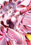  1girl absurdres bodysuit breasts elbow_gloves gloves grey_hair hair_between_eyes henshin highres impossible_clothes large_breasts long_hair miying_(13975192760) open_mouth purple_eyes senki_zesshou_symphogear sidelocks solo teeth thighhighs twintails upper_teeth_only white_thighhighs yukine_chris 