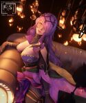  1girl absurdres artist_name breasts camilla_(alluring_darkness)_(fire_emblem) camilla_(fire_emblem) cleavage couch crown dress fake_horns fire_emblem fire_emblem_fates fire_emblem_heroes frilled_dress frills gloves hair_over_one_eye highres horned_headwear horns irisl large_breasts long_hair looking_at_viewer official_alternate_costume on_couch pantyhose purple_dress purple_eyes purple_hair smile solo tiara very_long_hair wavy_hair 