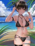  1girl arknights arm_strap armpits bangs beach between_breasts bikini bishi_(bishi) black_bikini black_hair breasts day earrings eyebrows_visible_through_hair hair_between_eyes halter_top halterneck hands_up jewelry large_breasts looking_at_viewer magallan_(arknights) multi-strapped_bikini multicolored_hair navel outdoors short_hair smile solo stomach streaked_hair swimsuit thigh_strap two-tone_hair white_hair yellow_eyes 