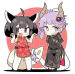  2girls ahoge alternate_costume arms_behind_back black_dress black_footwear black_hair blush braid breasts bright_pupils bun_cover cevio chibi china_dress chinese_clothes claw_pose commentary_request dragon_horns dragon_tail dress fang full_body fur-tipped_tail grin hair_bun half_updo headgear high_heels horns ini_(inunabe00) jitome kiritanpo_(food) looking_at_viewer medium_breasts multiple_girls purple_eyes red_background red_dress red_eyes short_dress short_sleeves side_slit single_hair_bun single_sidelock sleeveless sleeveless_dress small_breasts smile standing tail tail_wrap thighhighs touhoku_kiritan two-tone_background v-shaped_eyebrows vocaloid voiceroid white_background white_pupils white_thighhighs yuzuki_yukari yuzuki_yukari_(rei) 