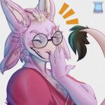 1:1 ambiguous_gender anthro asian_clothing avali avian bust_portrait clothing digital_media_(artwork) east_asian_clothing eyes_closed eyewear feathers glasses japanese_clothing kerolink kimono laugh male pink_body portrait solo tail xxarcadepartyxx