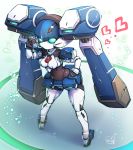  1girl blazermate breasts commentary_request covered_navel doyouwantto full_body glowing glowing_eyes green_eyes hand_on_hip hand_up heart joints mecha_musume medarot no_mouth no_nose robot robot_joints salute signature solo standing twintails two-finger_salute 