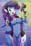  1girl blue_eyes bodysuit breasts cameltoe covered_nipples d.va_(overwatch) gun handgun long_hair looking_at_viewer medium_breasts my_little_pony my_little_pony:_equestria_girls my_little_pony:_friendship_is_magic overwatch purple_hair rarity skin_tight smile solo the-butcher-x weapon wide_hips 