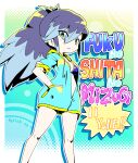  1girl bikini bikini_top_only fubukihime green_eyes hands_in_pockets high_ponytail hood hoodie long_hair looking_at_viewer multicolored_hair nollety romaji_text solo swimsuit translation_request two-tone_hair unzipped youkai_watch 