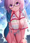  1girl :o akusema bangs bare_legs bikini black-framed_eyewear blue_jacket blue_sky blurry blush breasts cleavage cloud collarbone commentary_request cowboy_shot day depth_of_field drawstring eyebrows_visible_through_hair fate/grand_order fate_(series) front-tie_bikini front-tie_top glasses hair_between_eyes hands_on_own_knees head_tilt highres jacket large_breasts leaning_forward lens_flare looking_at_viewer mash_kyrielight midriff multicolored multicolored_bikini multicolored_clothes navel open_clothes open_jacket outdoors purple_eyes purple_hair see-through sheer_clothes short_hair short_sleeves sidelocks sky solo standing sunlight sweat swimsuit thigh_gap water_drop 
