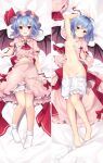  1girl :d ahoge arm_up armpits ascot back_bow bangs barefoot bat_wings bed bed_sheet bloomers blue_hair blush bobby_socks bow breasts character_name closed_mouth collarbone commentary_request dakimakura_(medium) dress dress_bow embarrassed emerald_(gemstone) english_text eyebrows_visible_through_hair eyelashes frilled_dress frilled_shirt_collar frills groin hand_on_own_chest hat hat_bow hat_ribbon head_tilt highres knees looking_at_viewer lying mob_cap navel on_back open_clothes pink_dress pink_headwear puffy_short_sleeves puffy_sleeves red_bow red_eyes red_neckwear red_ribbon remilia_scarlet ribbon ruhika sample shiny shiny_hair short_hair short_sleeves small_breasts smile socks socks_removed solo stomach touhou underwear white_legwear wings wrist_cuffs 