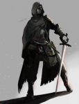  1other ambiguous_gender armor artist_name boots breastplate brown_cloak brown_footwear cloak commentary_request dark_souls_iii full_body grey_background helmet highres holding holding_sword holding_weapon hood hood_up miso_katsu pants shadow solo souls_(from_software) standing sword unsheathed weapon 