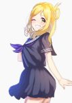  1girl absurdres black_serafuku black_skirt blonde_hair hair_rings hand_in_hair highres long_hair looking_at_viewer love_live! love_live!_sunshine!! medium_hair ohara_mari one_eye_closed school_uniform serafuku short_sleeves simple_background skirt smile sophiaenju standing white_background yellow_eyes 