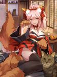  1girl animal_ears bangs black_legwear bow breasts cat cleavage cup eyebrows_visible_through_hair fangs fate_(series) food fox_ears fox_tail fruit hair_bow highres indoors japanese_clothes kimono looking_at_viewer lying mandarin_orange medium_breasts on_side open_mouth paw_pose paw_shoes paws photobomb pink_hair ponytail red_bow red_kimono shiguru shoes short_kimono sliding_doors smile solo table tail tamamo_(fate)_(all) tamamo_cat_(fate) thighhighs thighs tsurime yellow_eyes 