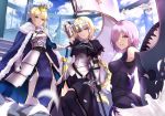  3girls absurdres ahoge armor armored_dress artoria_pendragon_(all) bangs black_legwear blonde_hair blurry blush braid breastplate breasts cloak closed_mouth crown day depth_of_field excalibur fate/apocrypha fate/grand_order fate/stay_night fate_(series) faulds feathers french_braid fur_trim gauntlets green_eyes hair_over_one_eye headpiece highres holding holding_shield jeanne_d&#039;arc_(fate) jeanne_d&#039;arc_(fate)_(all) long_hair looking_at_viewer mash_kyrielight medium_breasts multiple_girls outdoors parted_lips purple_eyes saber serious sheath sheathed shield shiguru short_hair sidelocks single_braid smile standard_bearer sword thighhighs tsurime very_long_hair weapon 