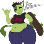  2020 5_fingers anthro azdrawsthings belly belly_overhang bottomwear breasts clothing crop_top deep_navel digital_media_(artwork) domestic_cat eyes_closed felid feline felis female fingers front_view fur green_body green_fur hand_gesture hat headgear headwear hi_res holding_object mammal midriff navel overweight overweight_anthro overweight_female panties pants scratch_the_cat shirt signature simple_background skateboard slightly_chubby smile solo standing thick_thighs topwear underwear white_background wide_hips 
