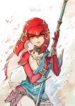  1girl character_name fins fountain_pen_(medium) highres holding holding_staff jushenger looking_at_viewer mipha no_humans solo staff the_legend_of_zelda the_legend_of_zelda:_breath_of_the_wild yellow_eyes zora 
