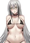  1girl arm_strap arms_behind_back bangs bare_shoulders bikini black_bikini black_hair blush breasts breasts_apart collarbone commentary_request destroyer_(girls_frontline) eyebrows_visible_through_hair girls_frontline hair_between_eyes highres large_breasts long_hair looking_at_viewer micro_bikini mixed-language_commentary multicolored_hair navel open_mouth pale_skin selcky silver_hair solo stomach straight_hair streaked_hair swimsuit two-tone_hair underboob upper_body very_long_hair yellow_eyes 