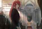  1girl 7ife absurdres arknights bangs black_dress brown_eyes commentary_request crowd dress exusiai_(arknights) halo highres huge_filesize indoors long_sleeves looking_at_viewer red_hair upper_body 