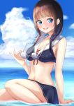  1girl :d absurdres bangs beach bikini bikini_top black_skirt blue_eyes blunt_bangs blush braid brown_hair cloud eyewear_removed glasses highres long_hair looking_at_viewer navel ocean open_mouth original sailor_collar sitting skirt smile solo sophiaenju swimsuit twin_braids 