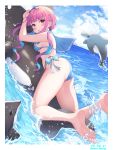  1girl absurdres ahoge animal ass bare_arms bare_shoulders bikini blue_bikini border braid breasts colored_inner_hair day dolphin feet highres hololive inflatable_dolphin inflatable_toy keis_(locrian1357) long_hair looking_at_viewer looking_back low_twintails medium_breasts minato_aqua multi-strapped_bikini multicolored_hair navel outdoors parted_lips purple_eyes purple_hair riding sailor_bikini sailor_collar side-tie_bikini sidelocks solo streaked_hair striped striped_bikini swimsuit thighs twintails two-tone_hair virtual_youtuber water wavy_hair white_border 